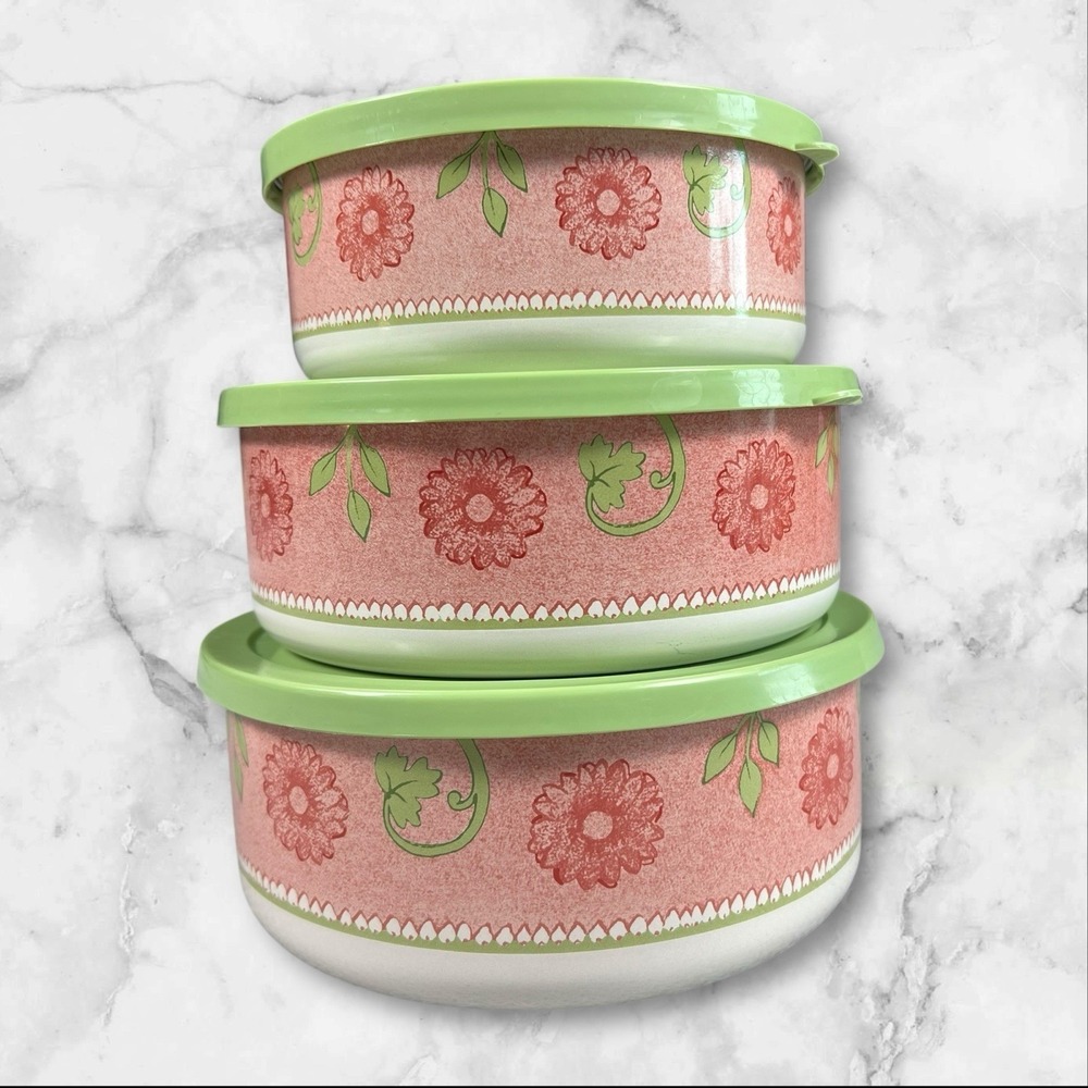 Vintage Floral Food‎ Storage Bowls  Set Pink Green Retro Cottagecore Kitchenware